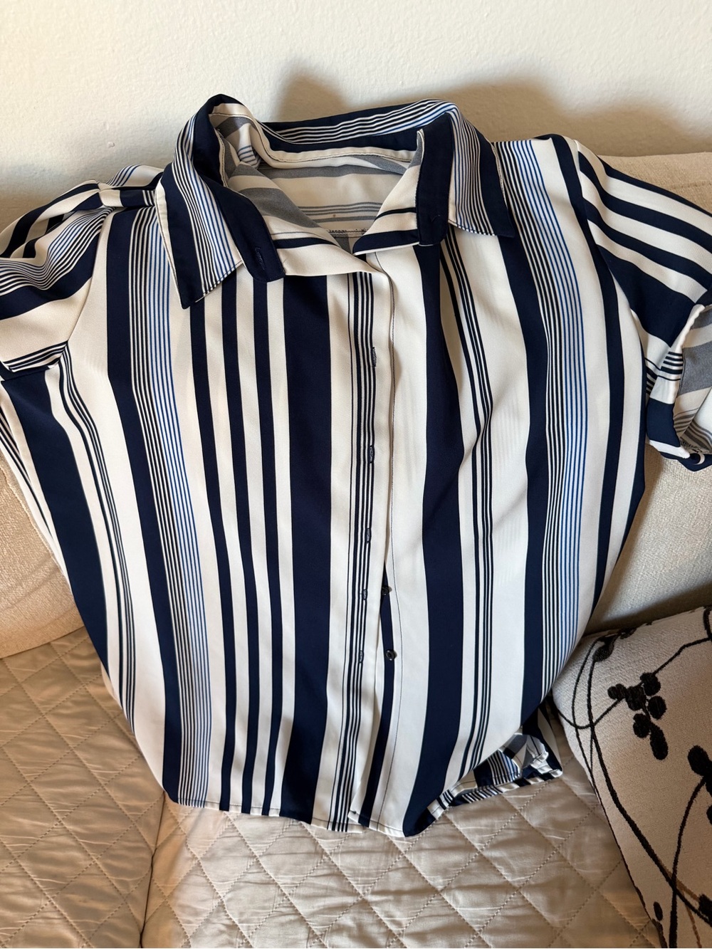 Striped Navy and White Button-Up Shirt - Women